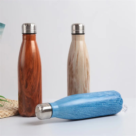 500ml Double Insulated Stainless Steel Reusable Wooden Finish Water Bottle Hot and Cold Thermos Flask Water Bottle