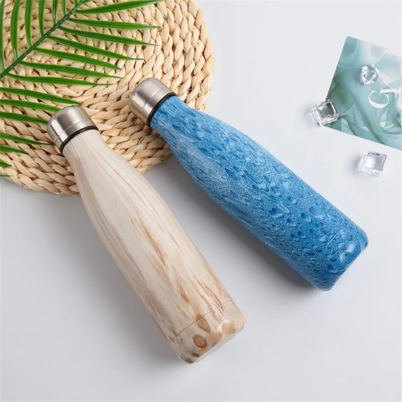 500ml Double Insulated Stainless Steel Reusable Wooden Finish Water Bottle Hot and Cold Thermos Flask Water Bottle